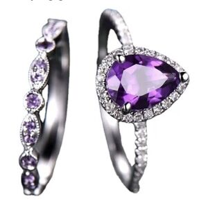 Amethyst CZ 18k gold plated Silver Ring Set Purple Teardrop Gemstone